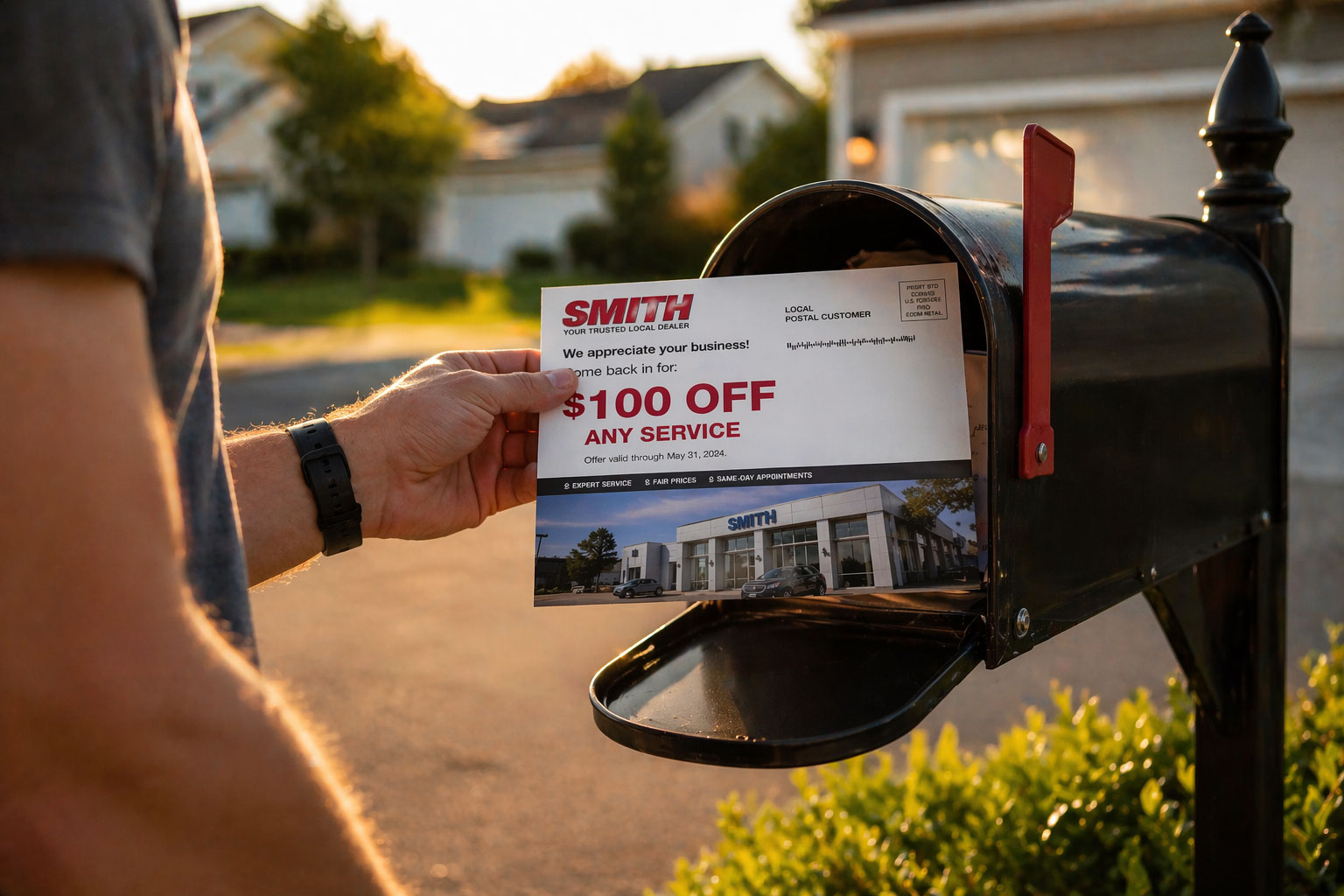 A targeted postcard being placed in a mailbox.